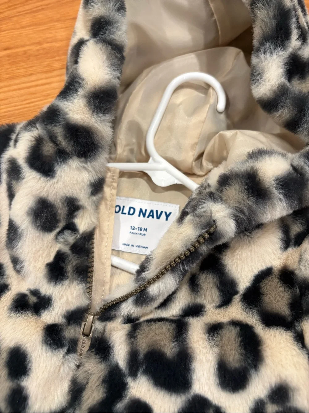 Old Navy Faux Fur Leopard Hooded Jacket for Kids - Ivory & Black